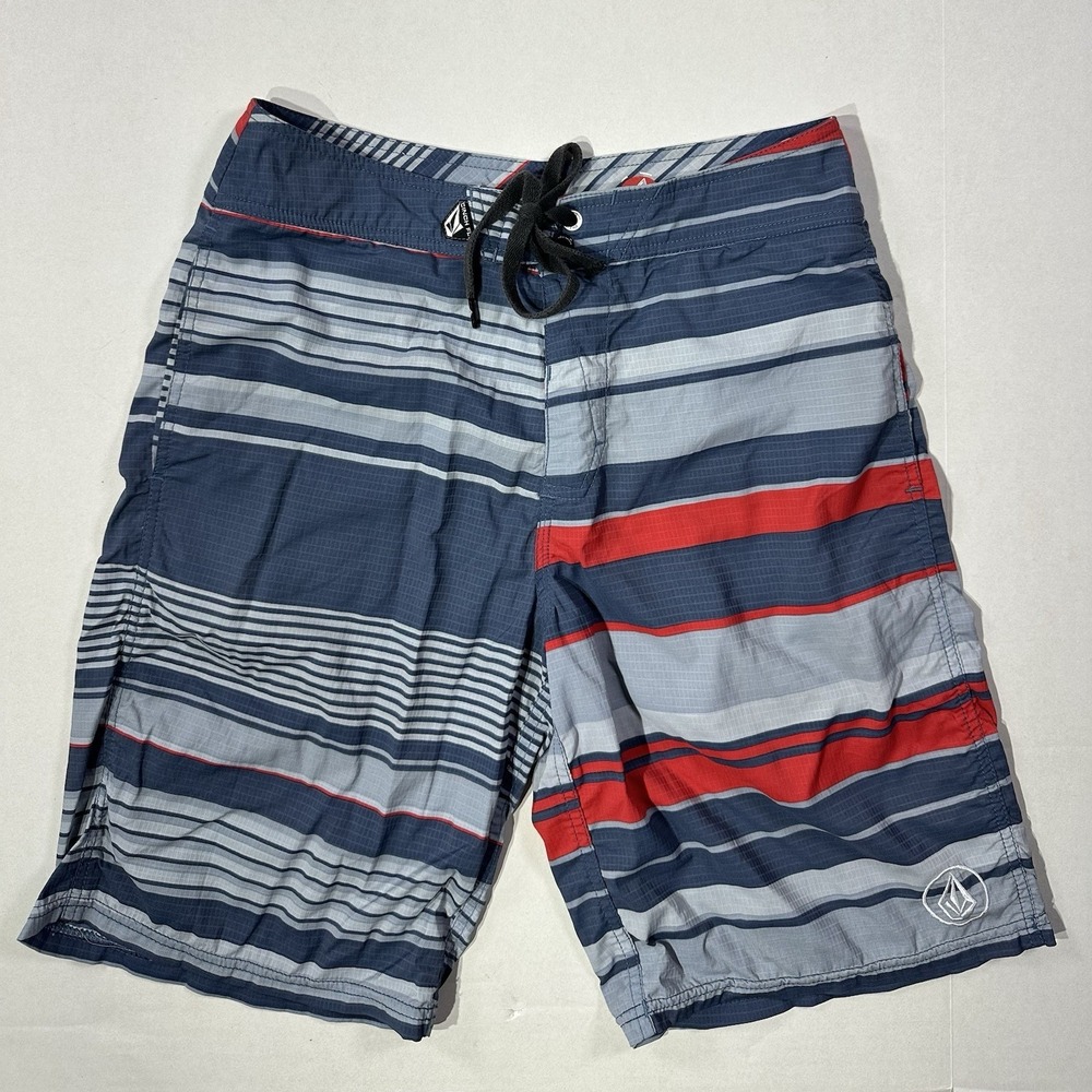 Volcom Los Pockitos Board Short‎ 29 Red Navy Gray Stripe Surf Swim Trunks